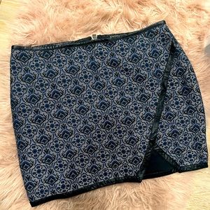 Blue & Black Textured Skirt With Leather Trim